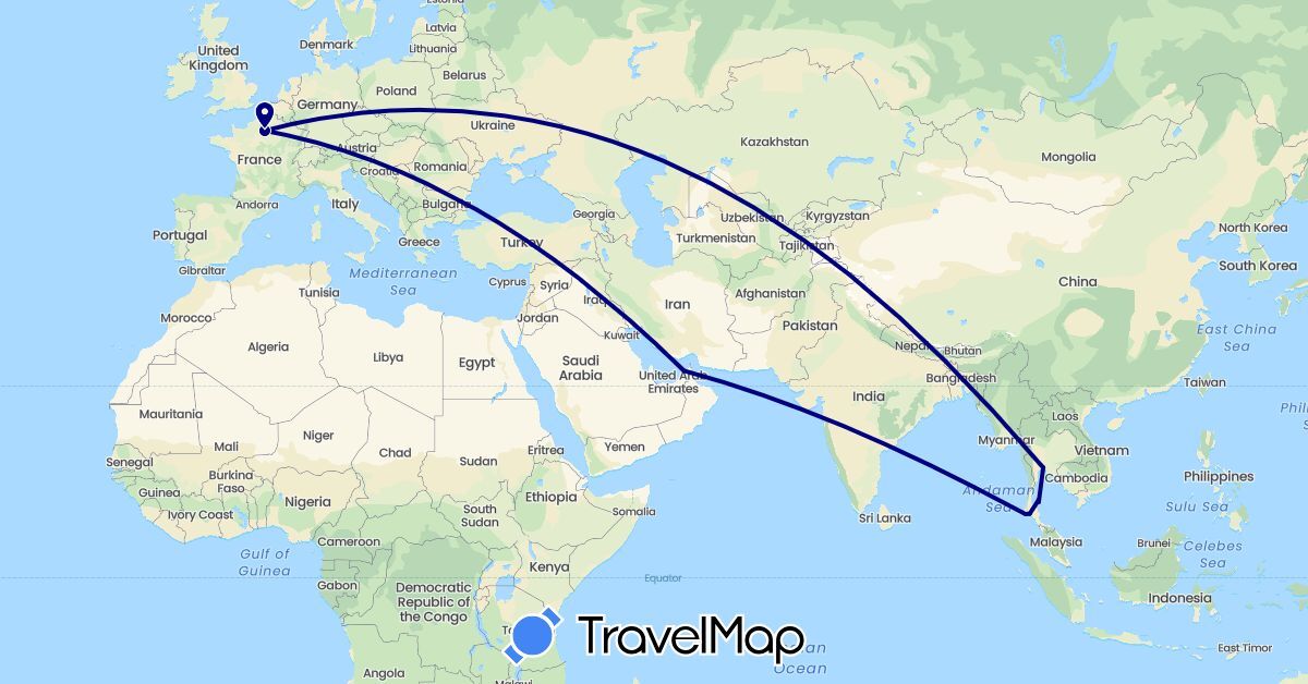 TravelMap itinerary: driving in United Arab Emirates, France, Thailand (Asia, Europe)
